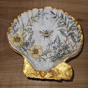 Hand Decorated Scallop Shell Trinket Dish – Bee & Floral Design, Gilded “Happy”